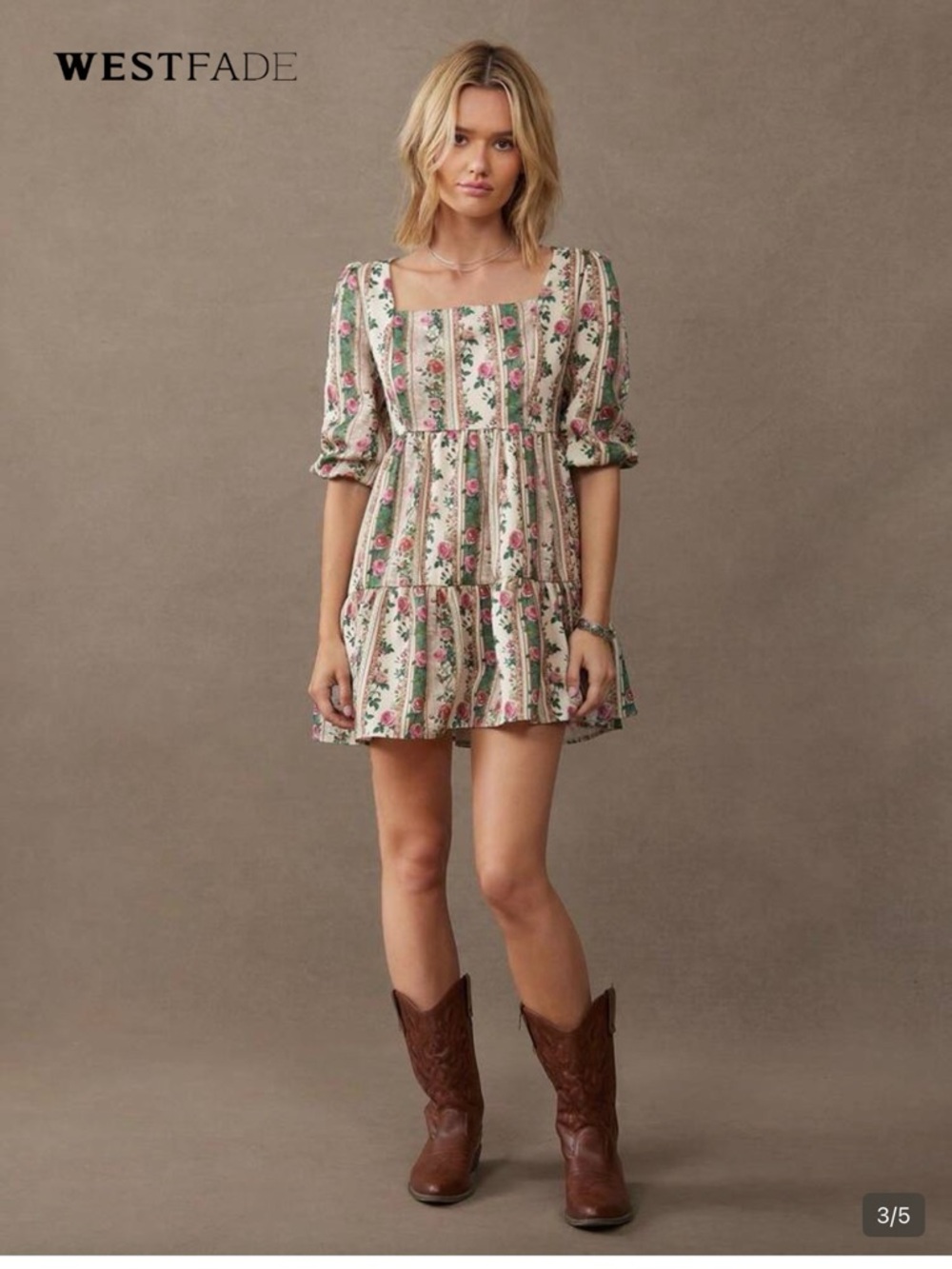 SHEIN Cream Floral Square-Neck Tiered Mini Dress